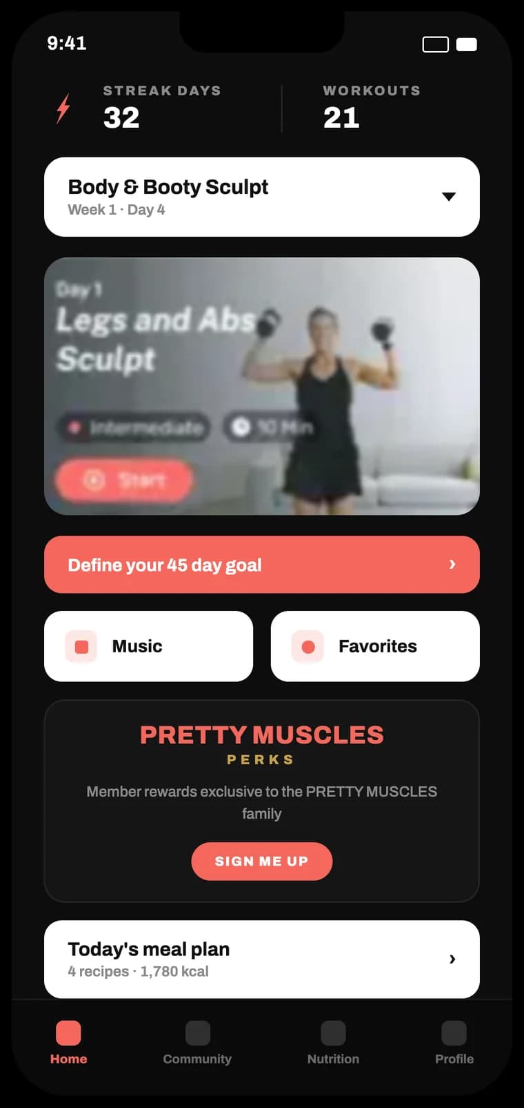 Plankk white-label app — trainer home (dark theme)