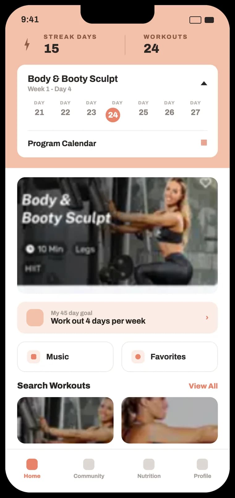 Plankk white-label app — trainer home (warm theme)