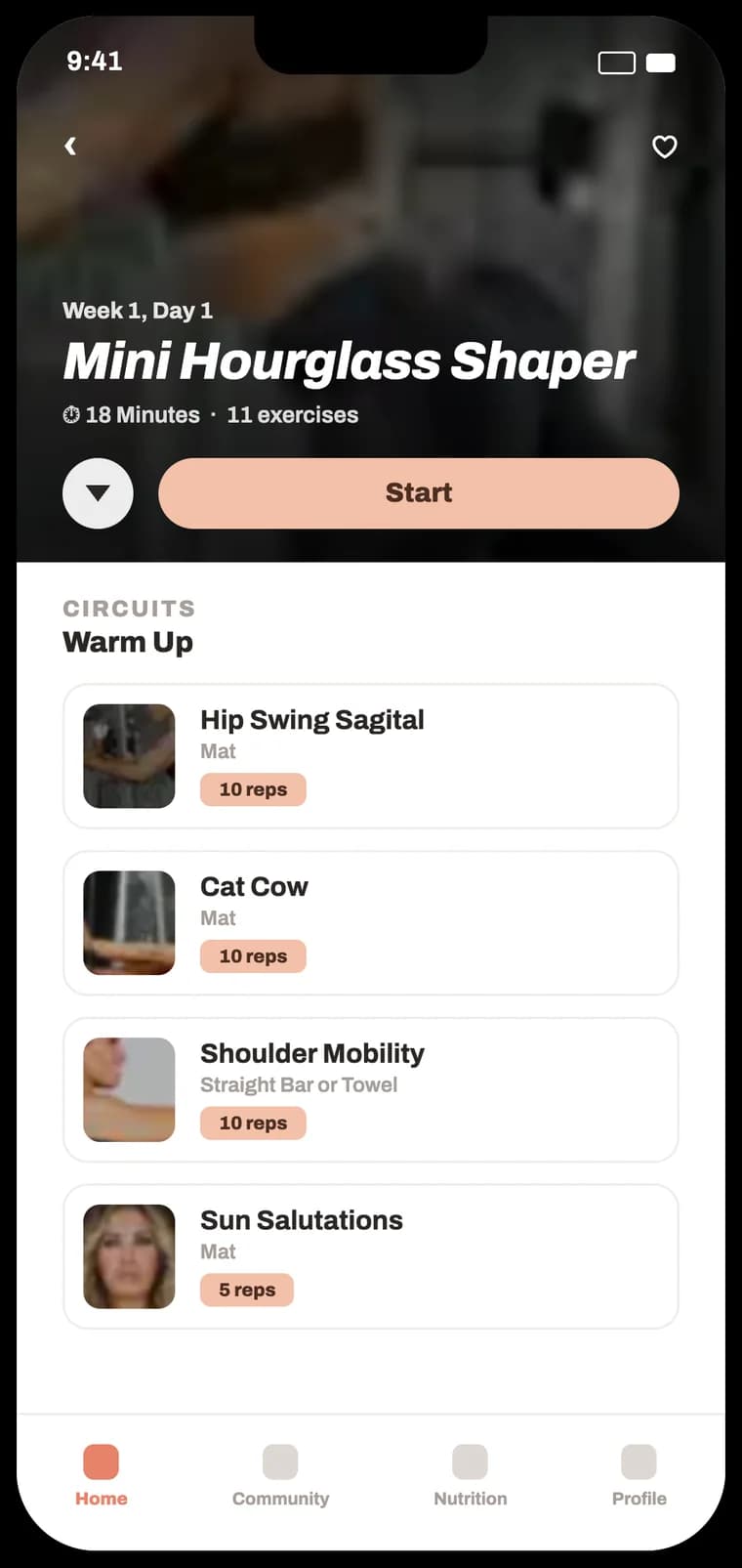 Plankk white-label app — workout detail (warm theme)