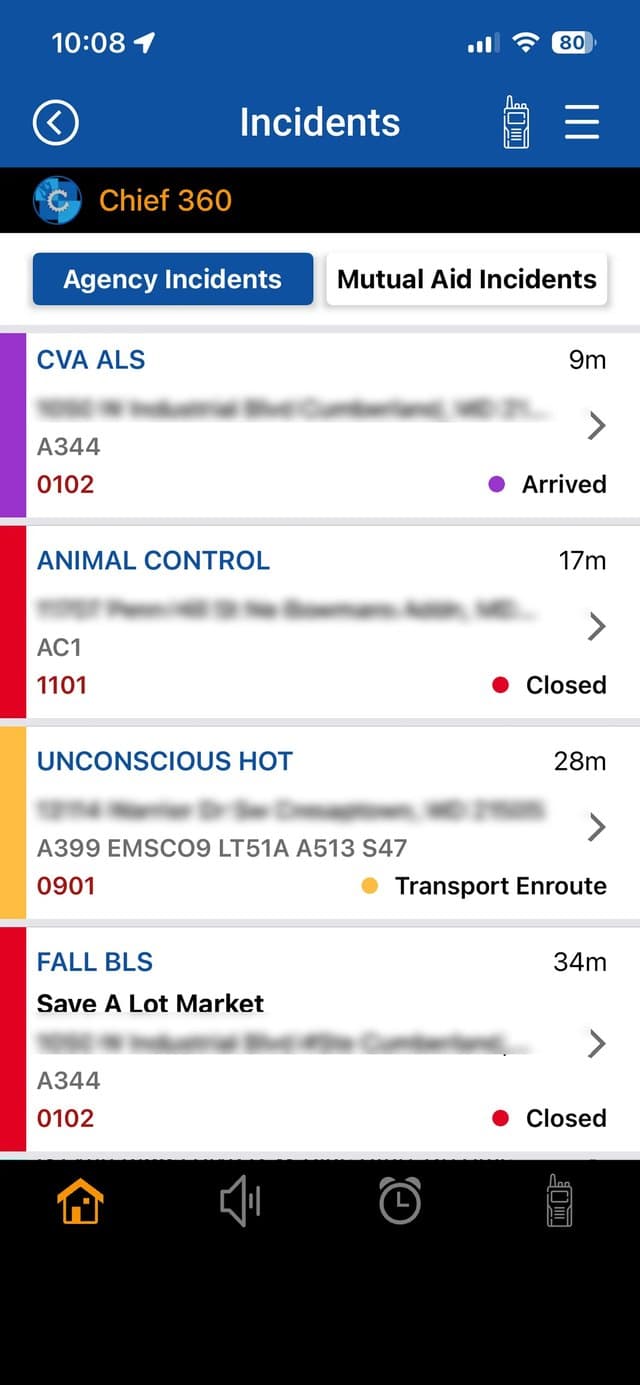 Chief 360 incidents list